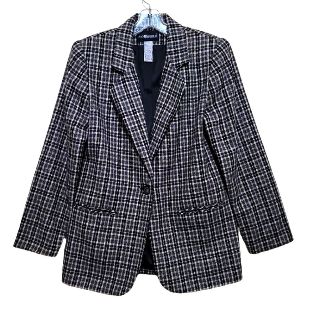 Sag Harbor Women's Black Cream Brown Plaid Woolblend Blazer Jacket Sz 8